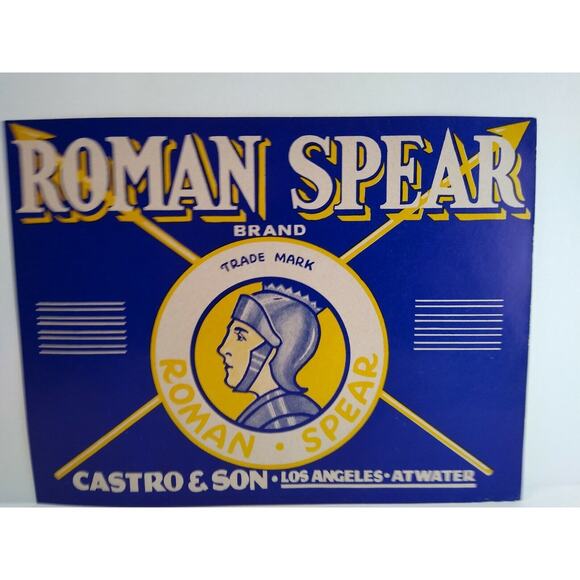 Roman Spear Fruit Crate Label Man In Suit Of Armor Original Vintage 1940's - Picture 3 of 3